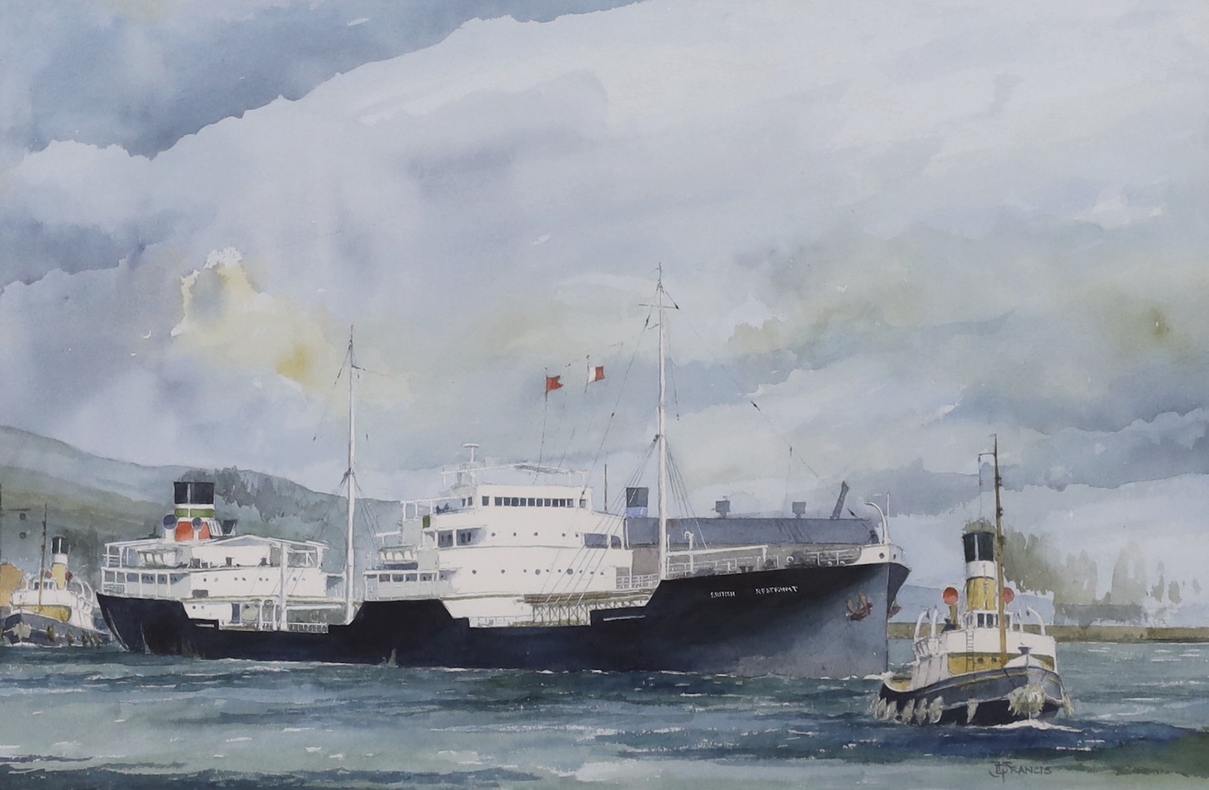 J D Francis, watercolour, 'The BP tanker British Restraint clearing King's Dock, Swansea', signed and inscribed verso, 42 x 28cm